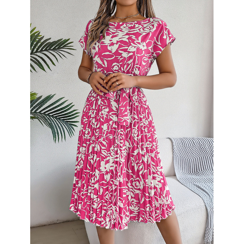 Women's Floral Tie-Waist Pleated Short-Sleeve Dress