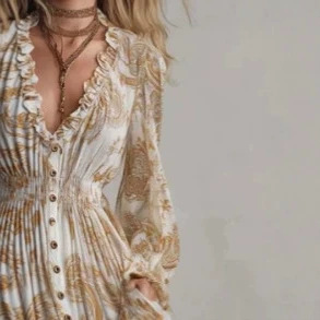 Bohemian Paisley Ruffle V-Neck Long Dress