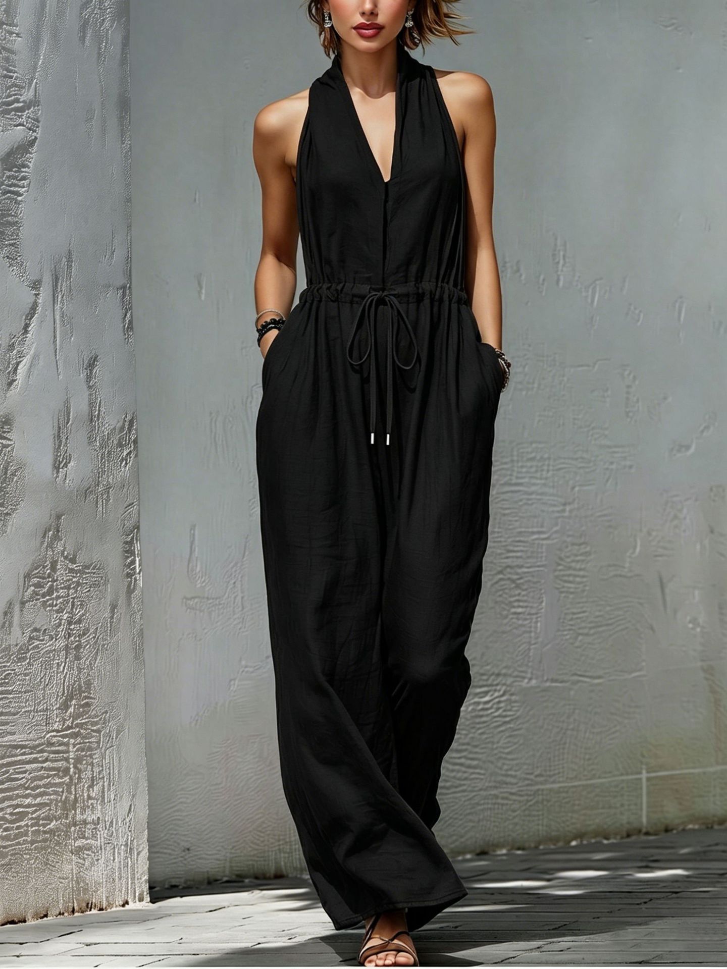 Women's Sleeveless Solid Color Long Wide-Leg Jumpsuit for Vacation