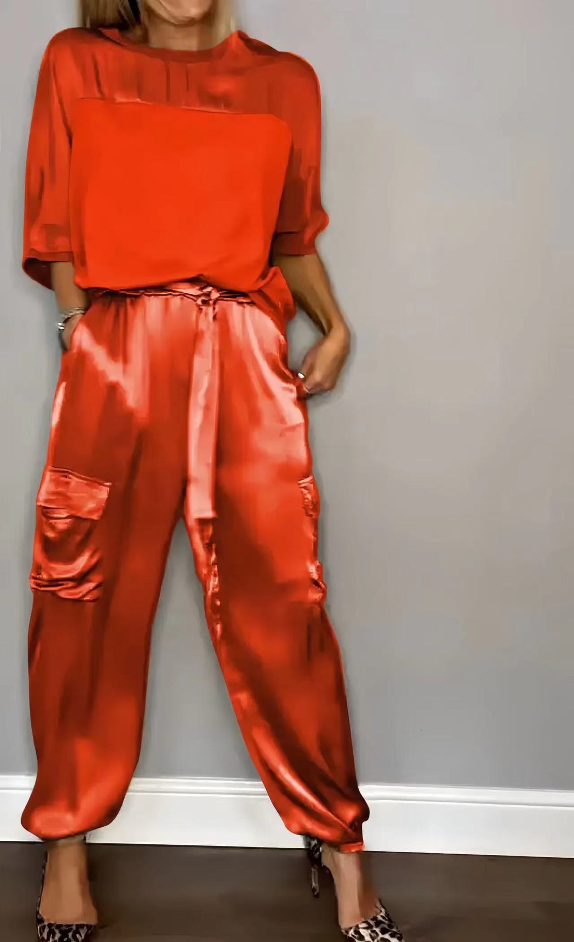 Women's Satin Half-Sleeve Top and Pants Two-Piece Set