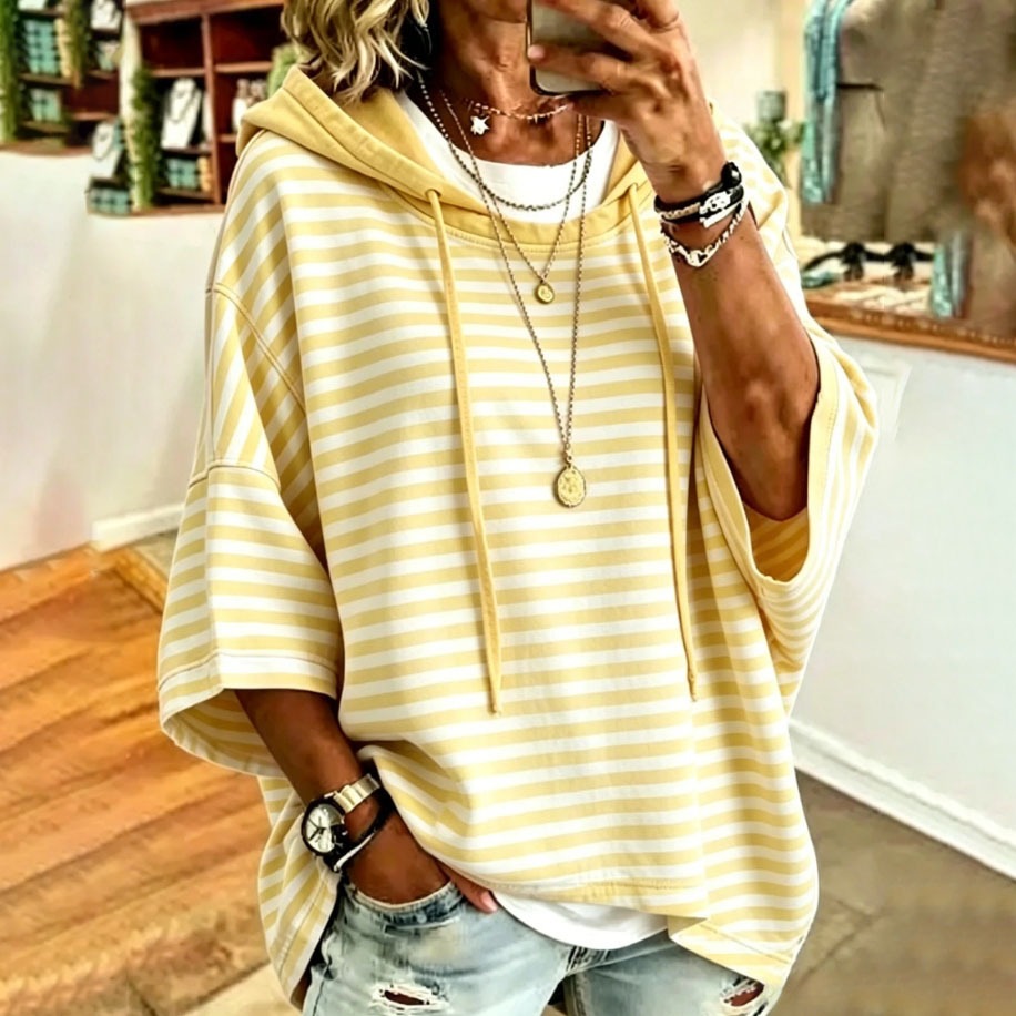Women's Striped Hooded Pullover Sweatshirt with 3/4 Sleeves