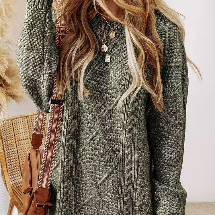 Cable-Knit Sweater Dress Relaxed Crew Neck Knee-Length