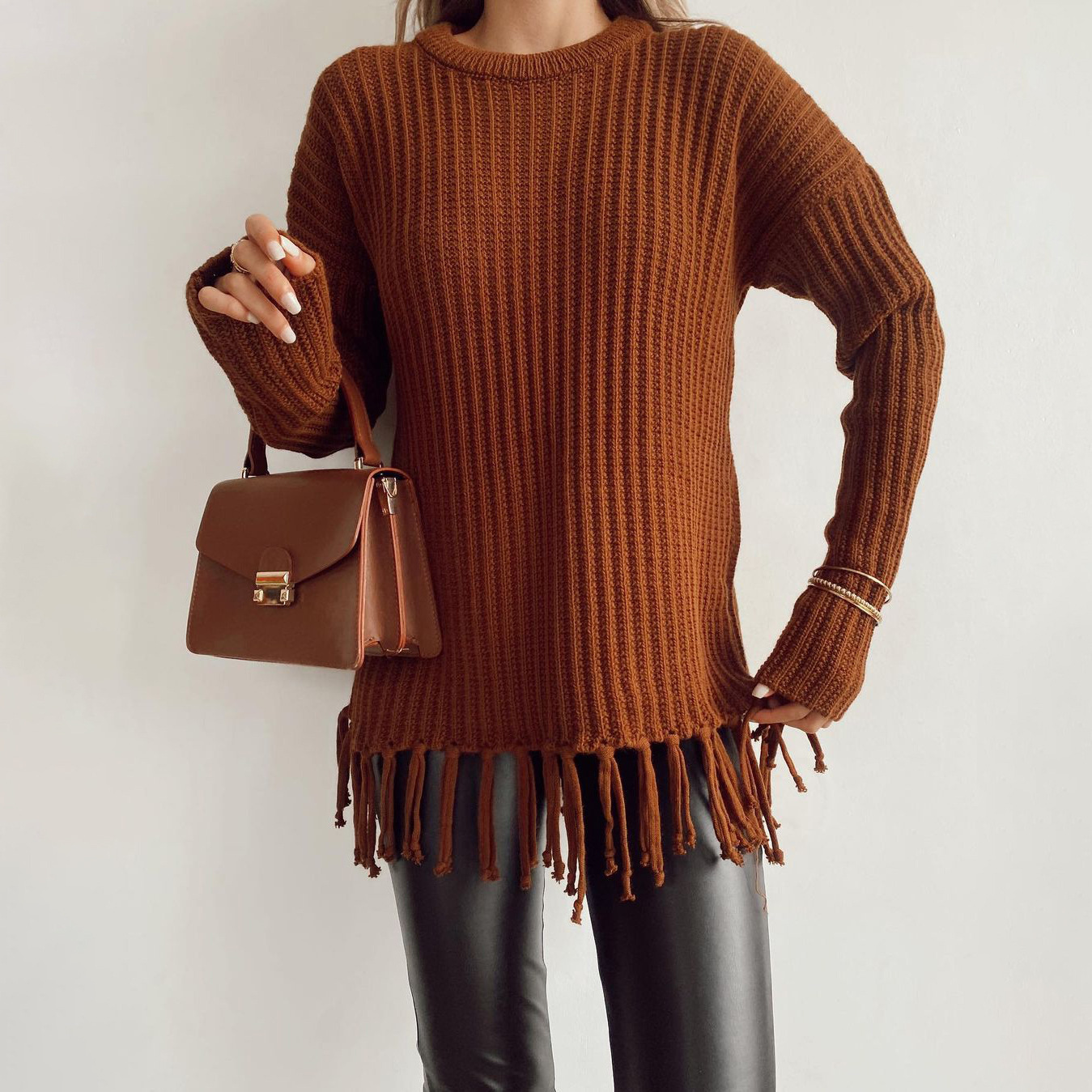 Fringe Sweater Women's Thick Loose Casual Solid Color Long Sleeve Knit Top