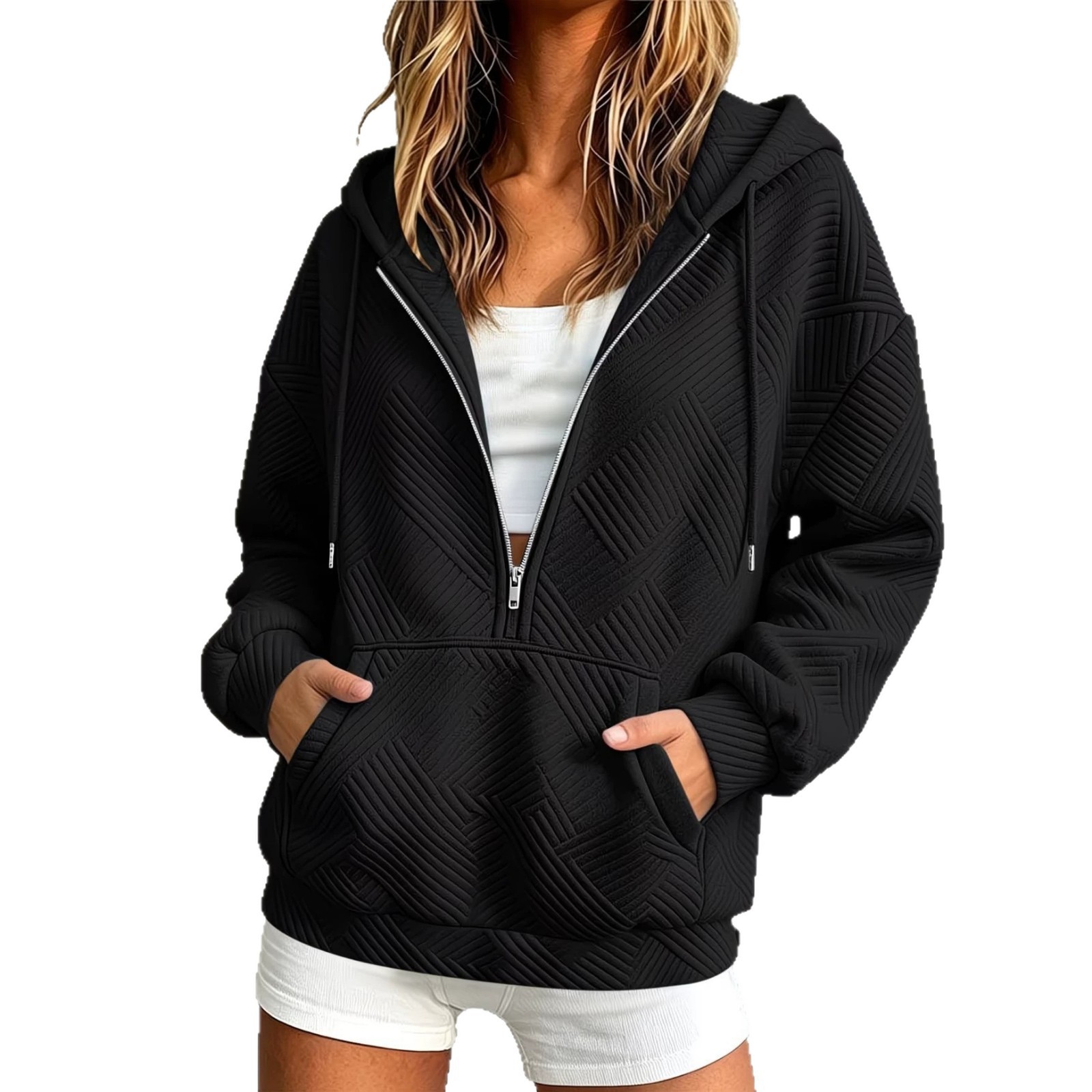 Women's Hooded Drawstring Zip Pocket Loose Sweatshirt