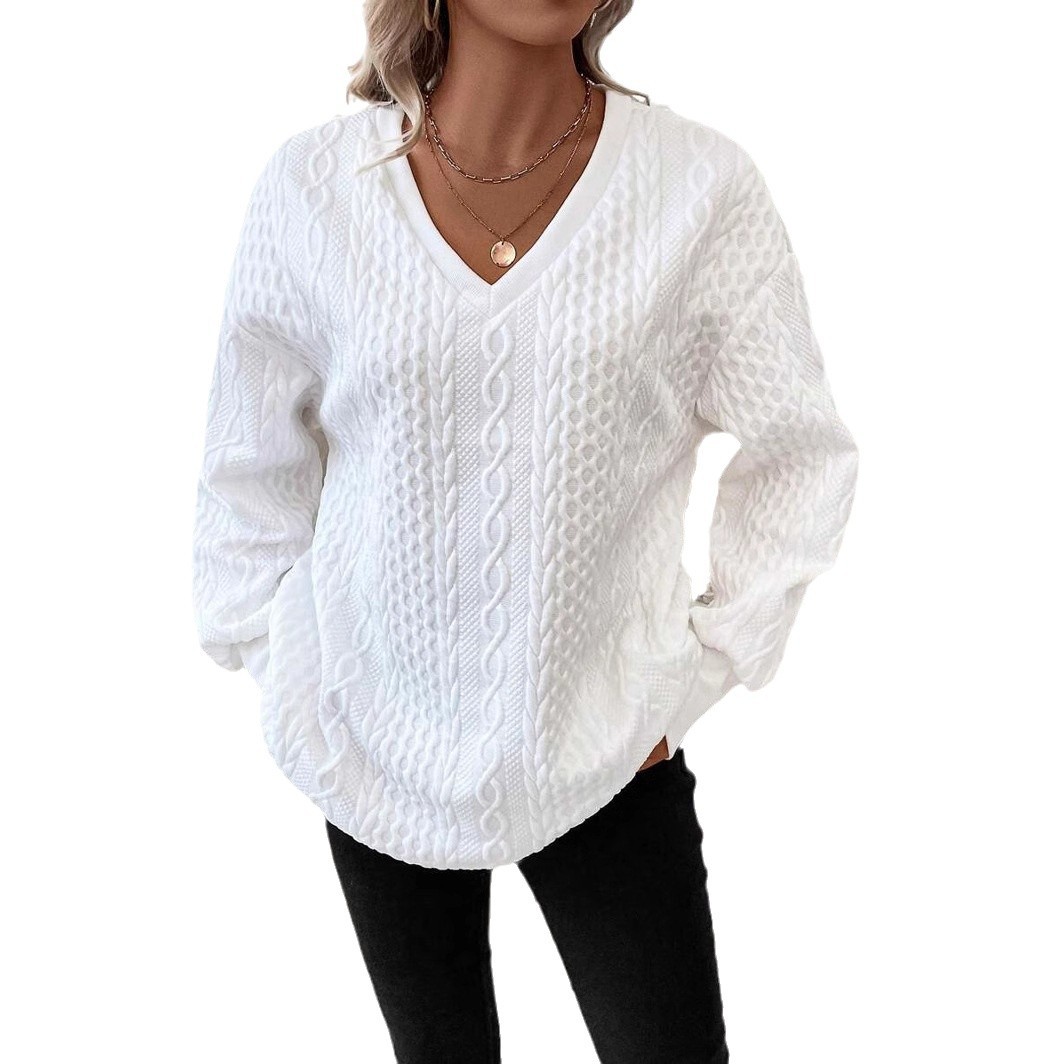 Women's Casual Solid Color Warm Loose Long Sleeve V-Neck T-Shirt