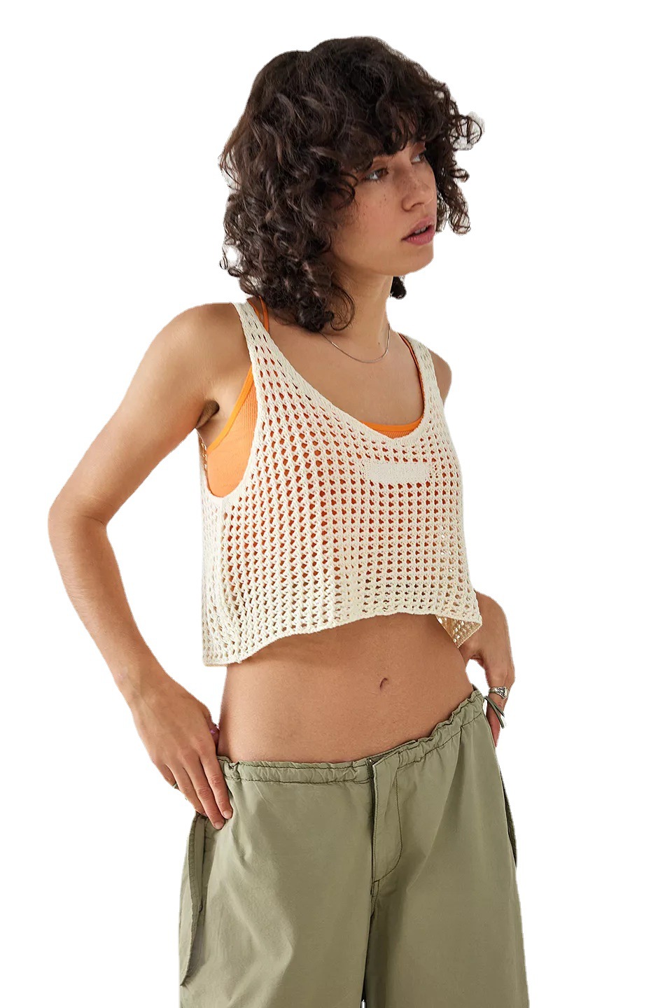 Women's Sleeveless Round Neck Hollow Out Crop Knit Tank Top