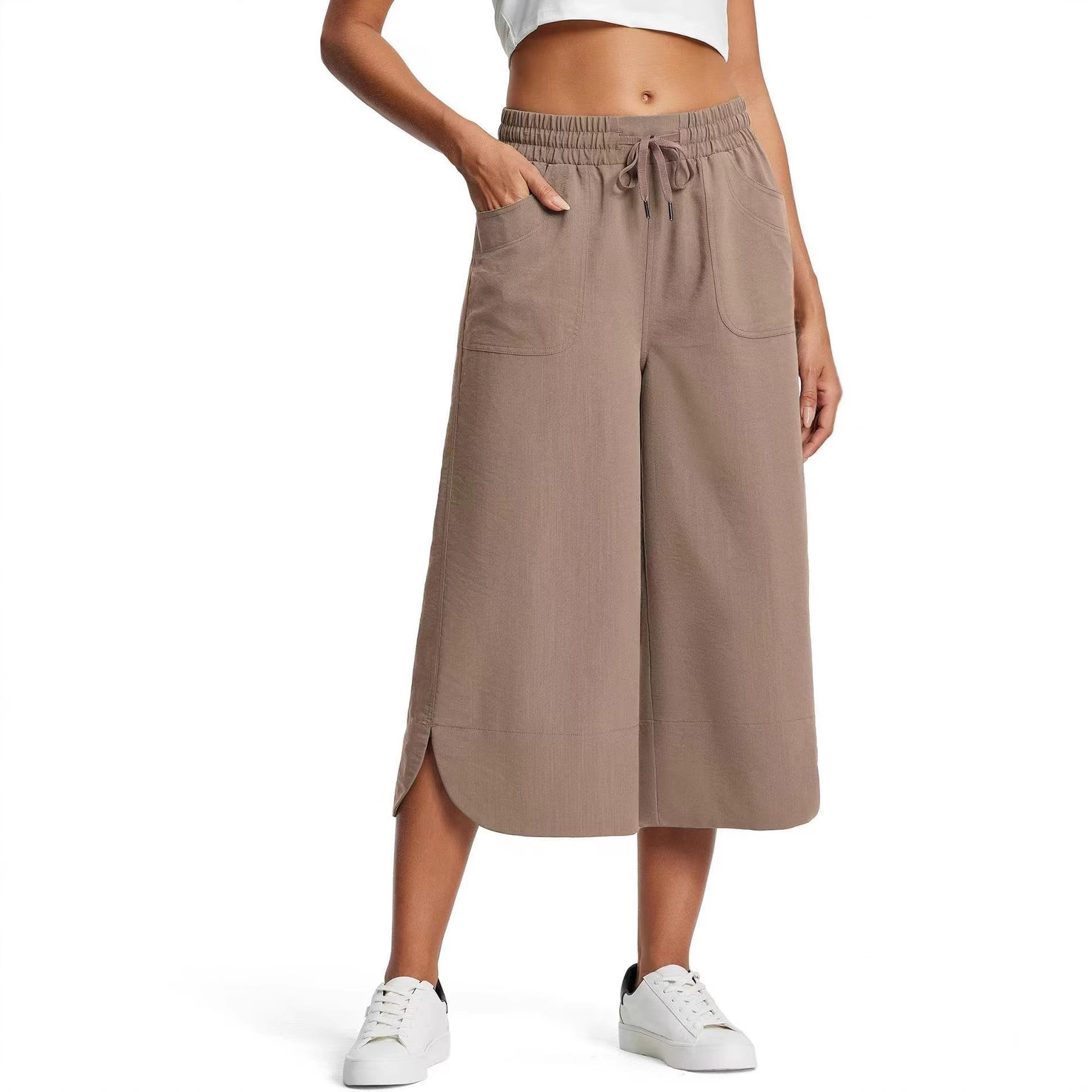 Women's Elastic Waist Solid Color Wide Leg Cropped Pants