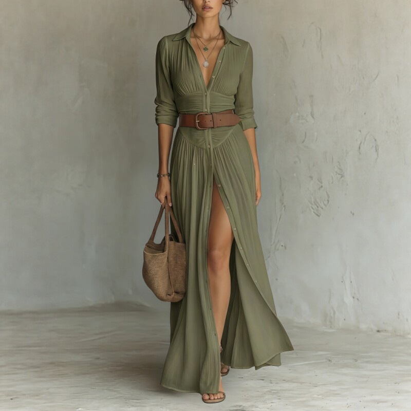 Women's Collared Long Sleeve Shirt Dress High Waist Pleated Split Long Vacation Dress with Belt