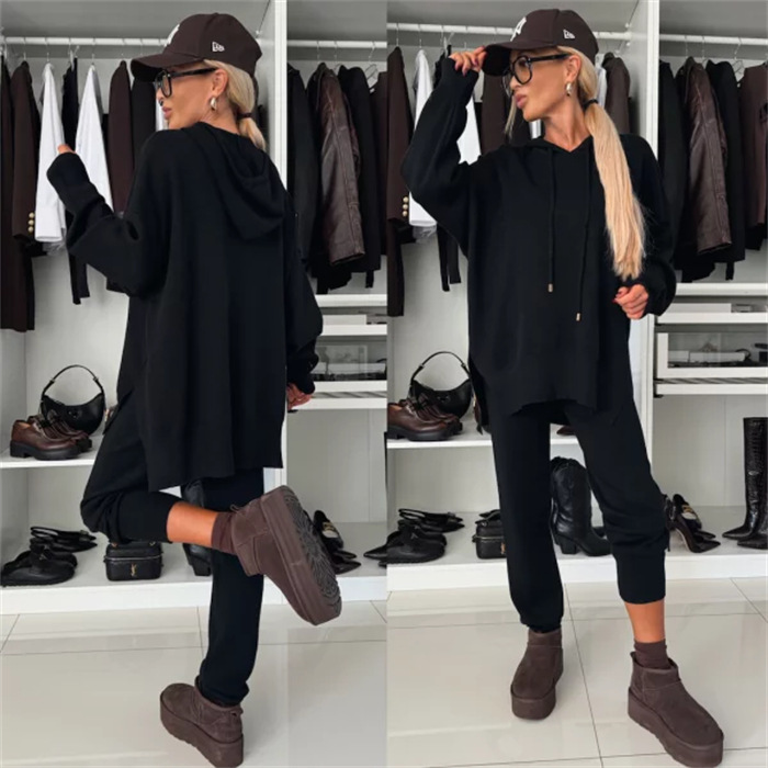 Women's Solid Color Loose Hooded Knit Two-Piece Set