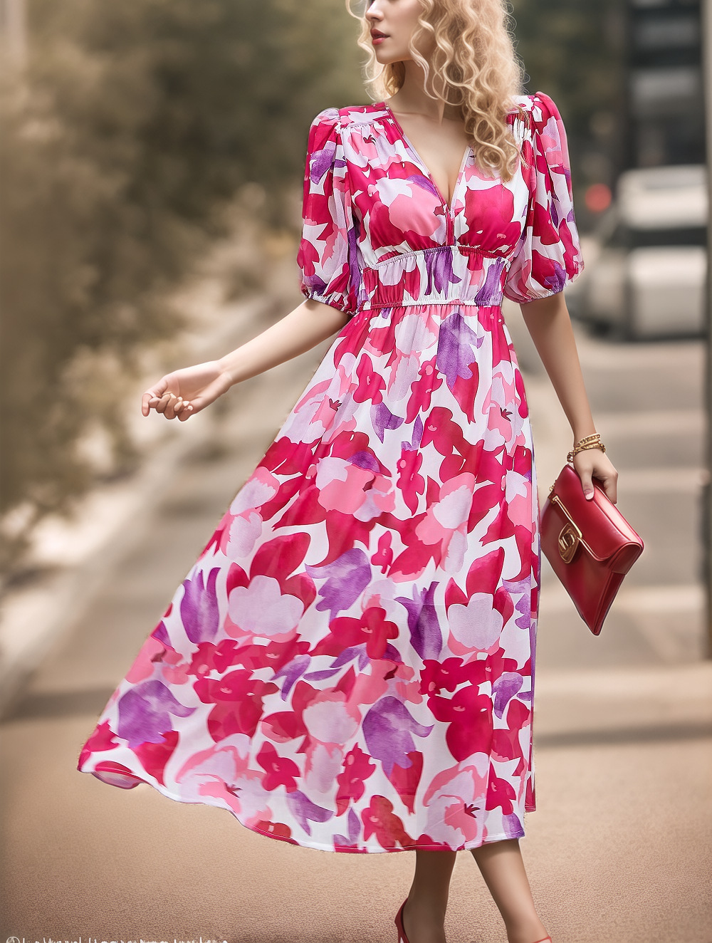 V-Neck Floral Print High-Waist A-Line Midi Dress