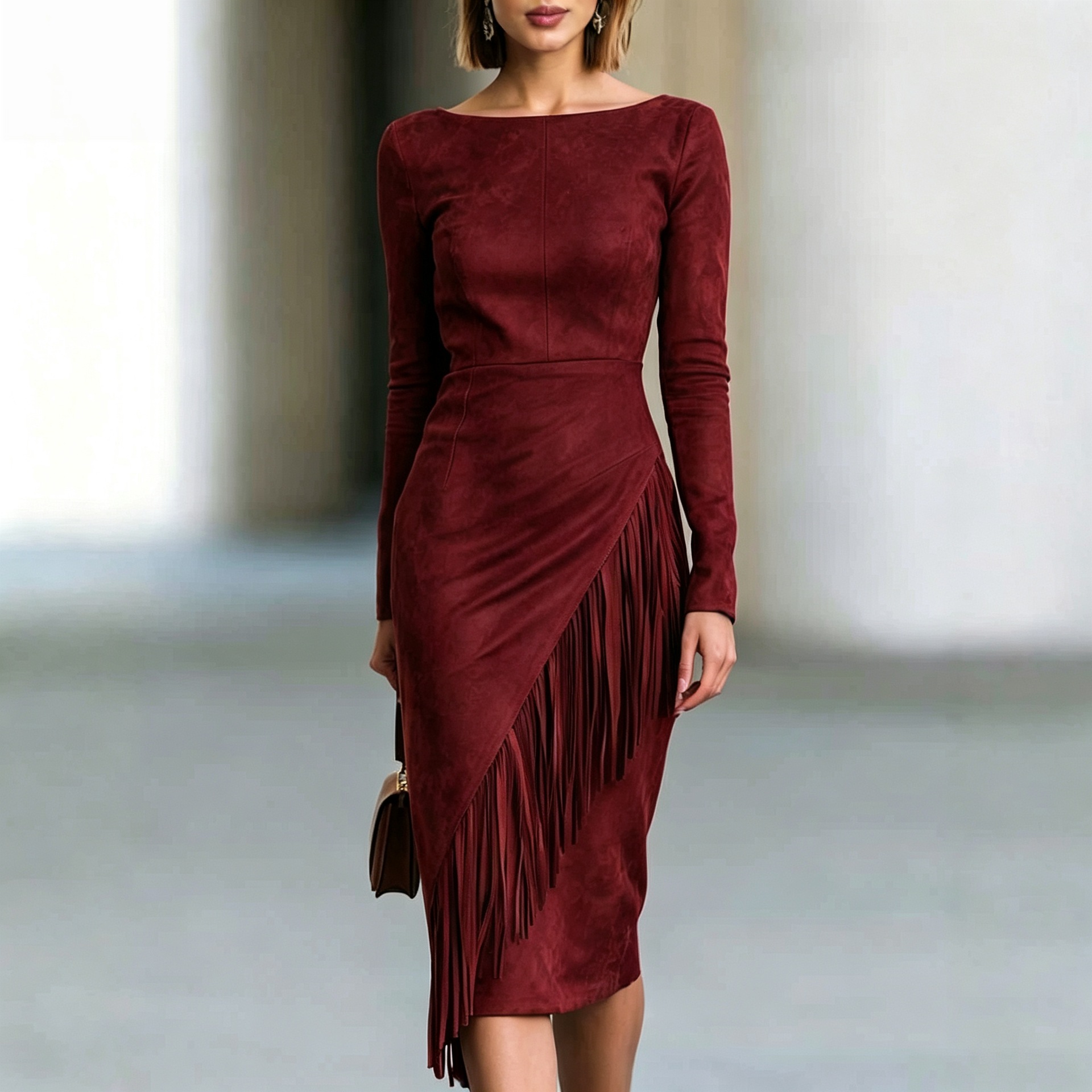 Bohemian Faux Suede Fringe Patchwork Long Dress