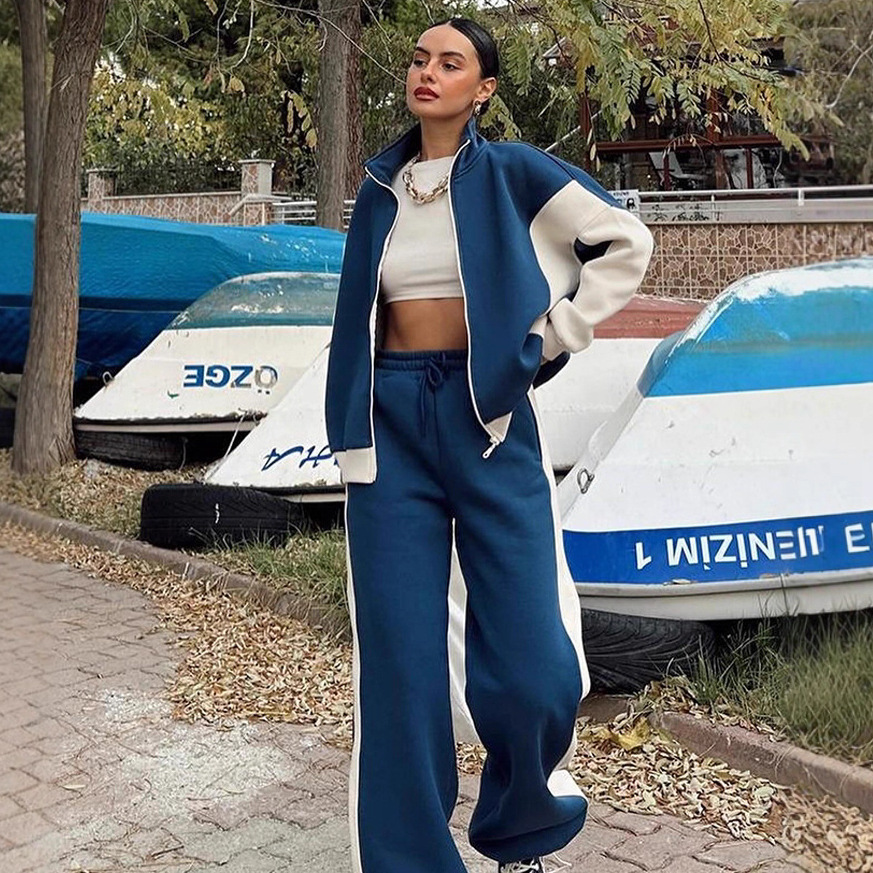 Women's Retro Color-Block Zip-Up Jacket and Pants Two-Piece Set