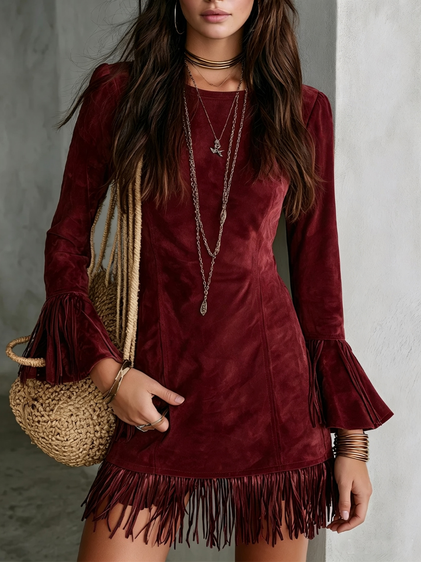Faux Suede Fringe Slim Fit Long Sleeve Dress