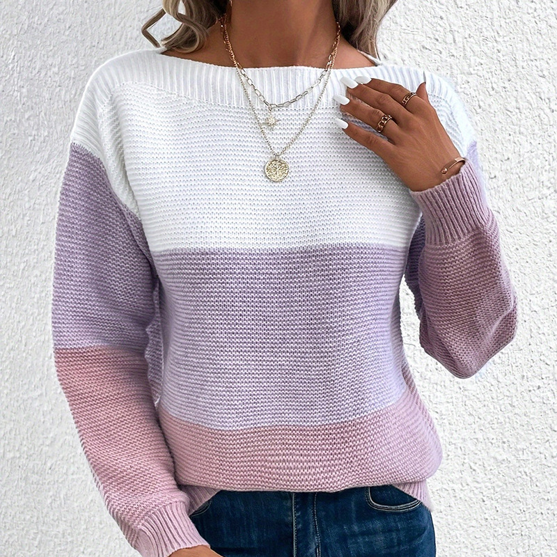 Women's Colorblock Knit Sweater Crewneck Long Sleeve Pullover