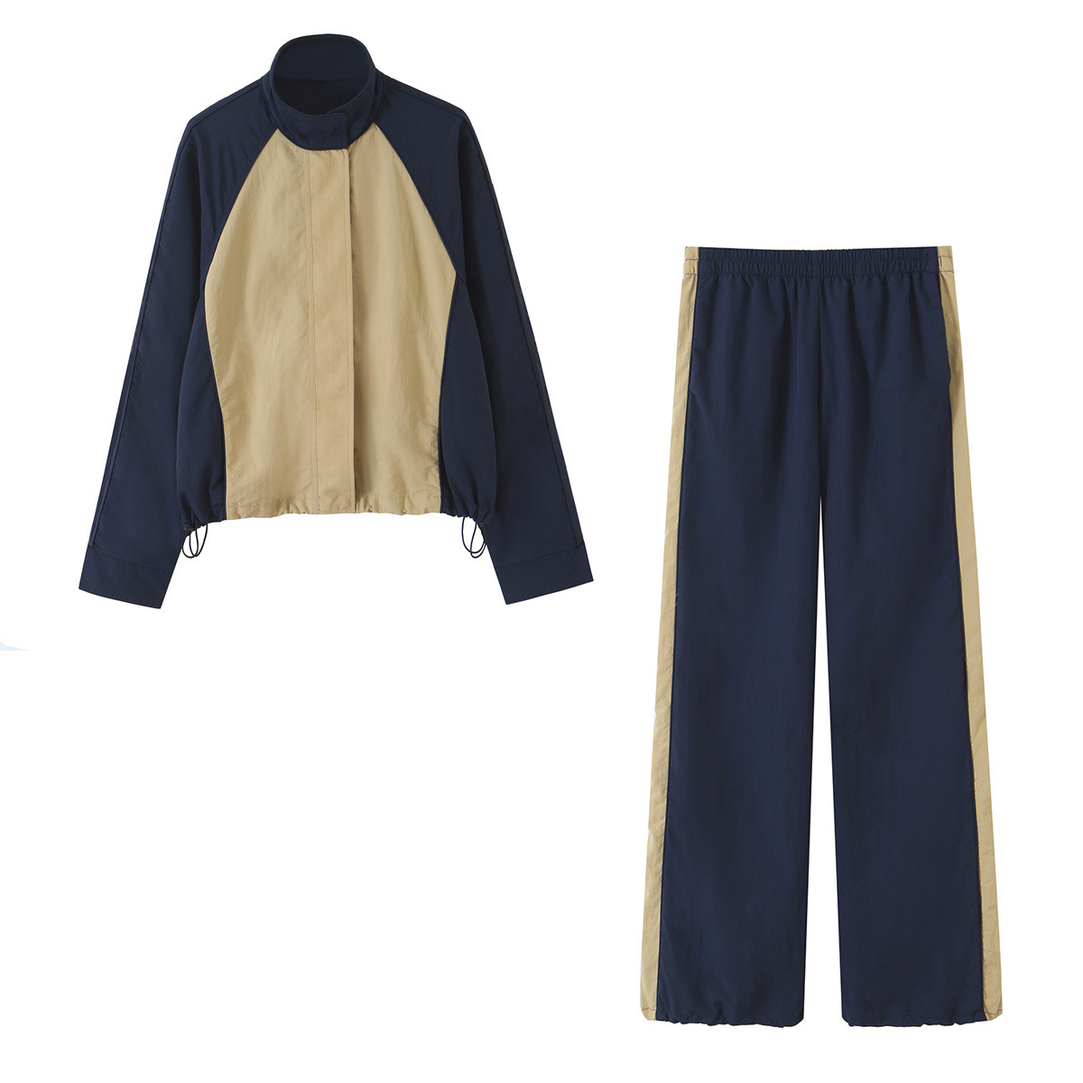 Women's Color-Block Casual Two-Piece Set Long Sleeve Jacket & Wide-Leg Pants