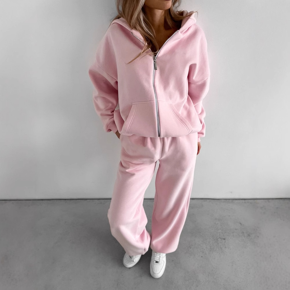Women's Solid Color Hooded Cardigan Sweatshirt and Pants Set with Pockets