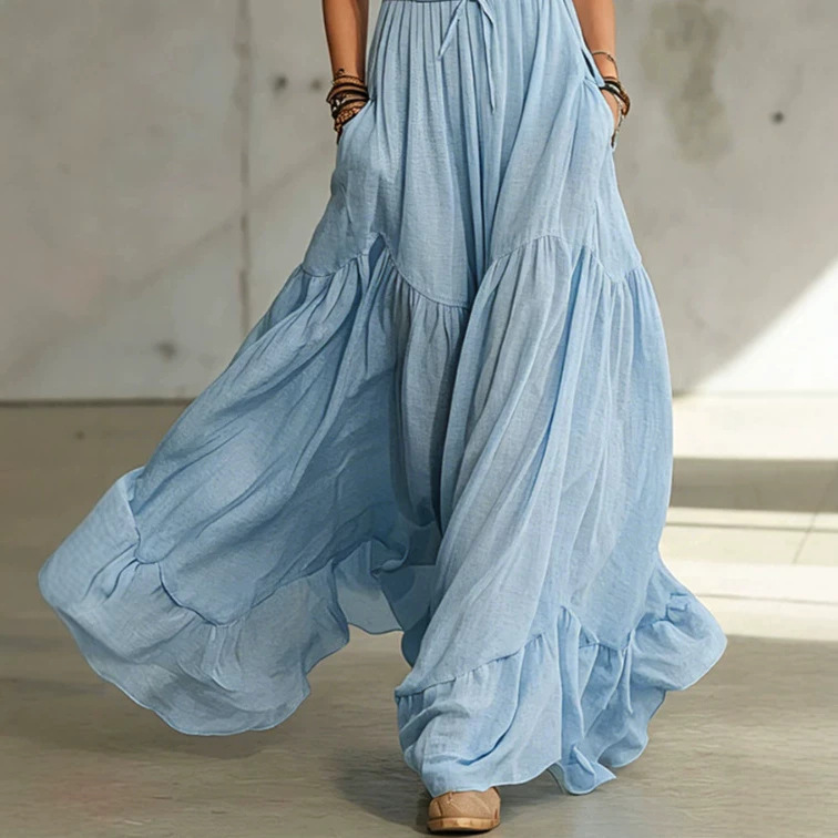 Blue Sleeveless Cotton-Linen Maxi Dress