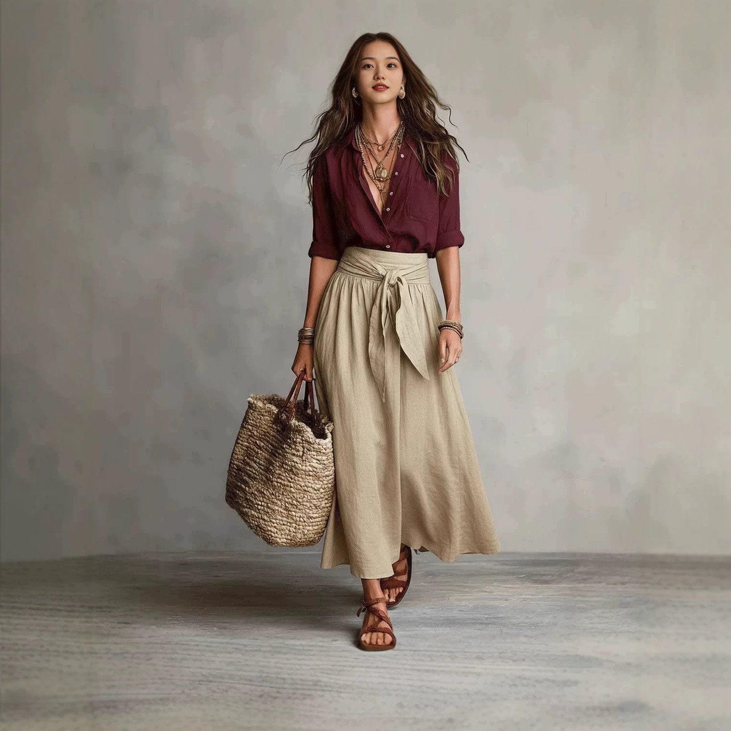 Color-Block Shirt and Midi Skirt Two-Piece Set