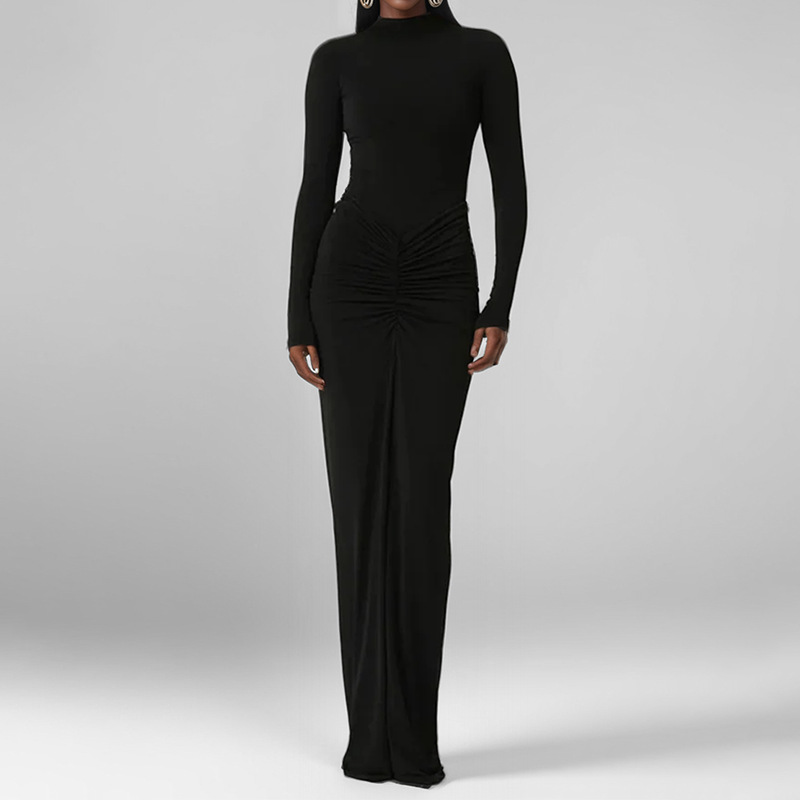 Women's Elegant Solid Pleated Slim Long Dress