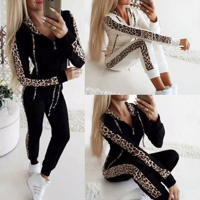 Leopard Print Long Sleeve Zip Hoodie and Pants Set for Women