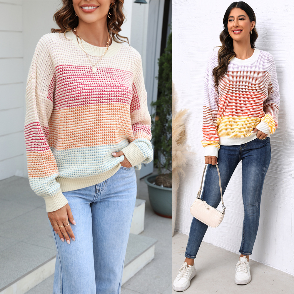 Casual Color-Block Crewneck Knit Sweater Loose Plus Size Pullover