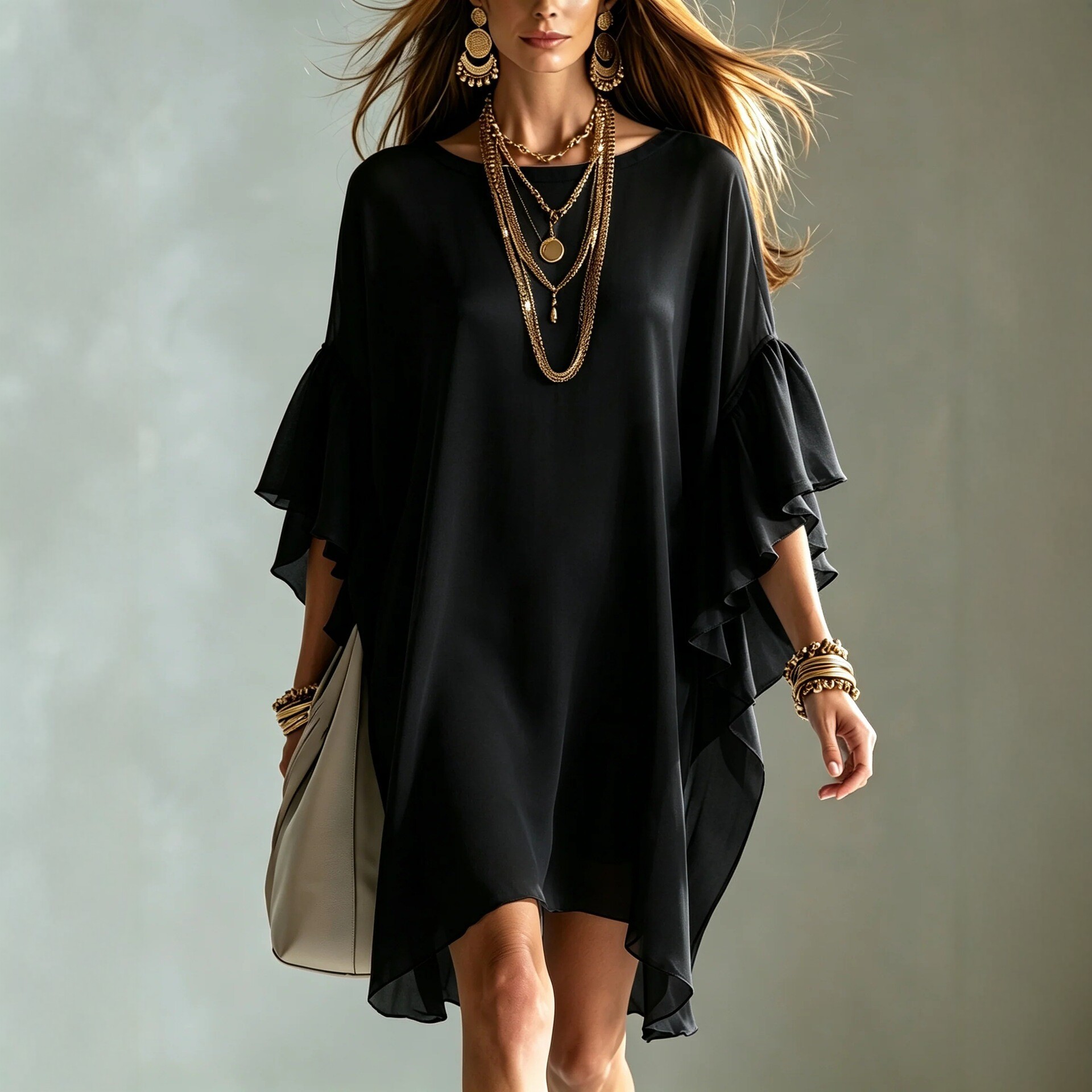 Minimalist Black Chiffon Mini Dress with Ruffle Sleeves Loose Fit