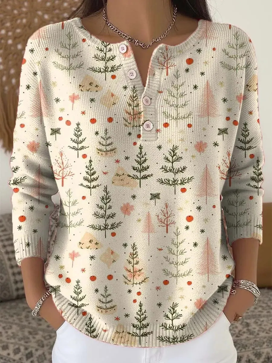 Women's Christmas Tree Floral Print Button Sweatshirt