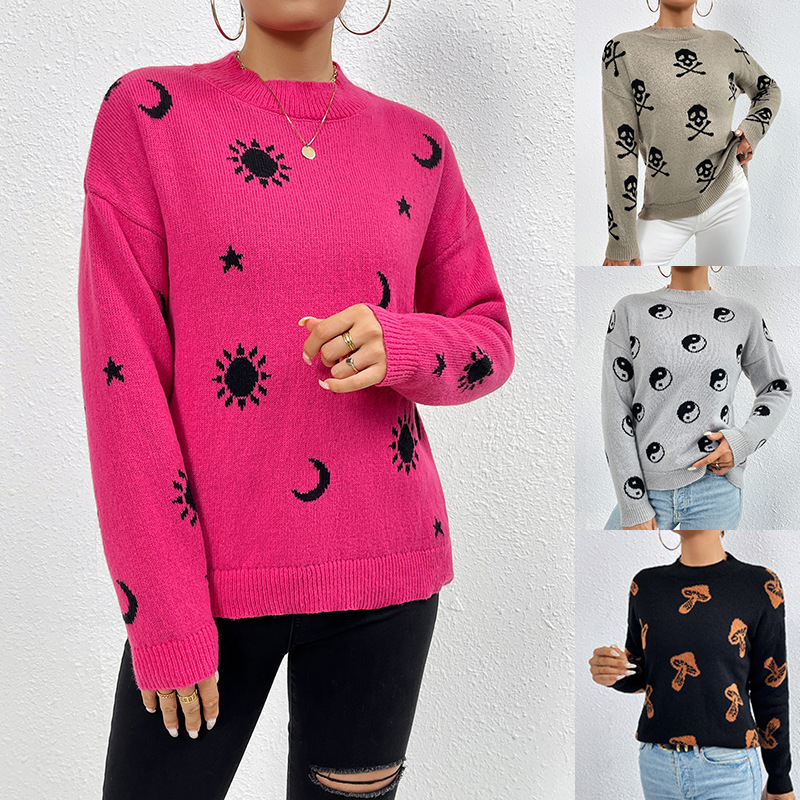 Skull Jacquard Crewneck Pullover Knit Sweater