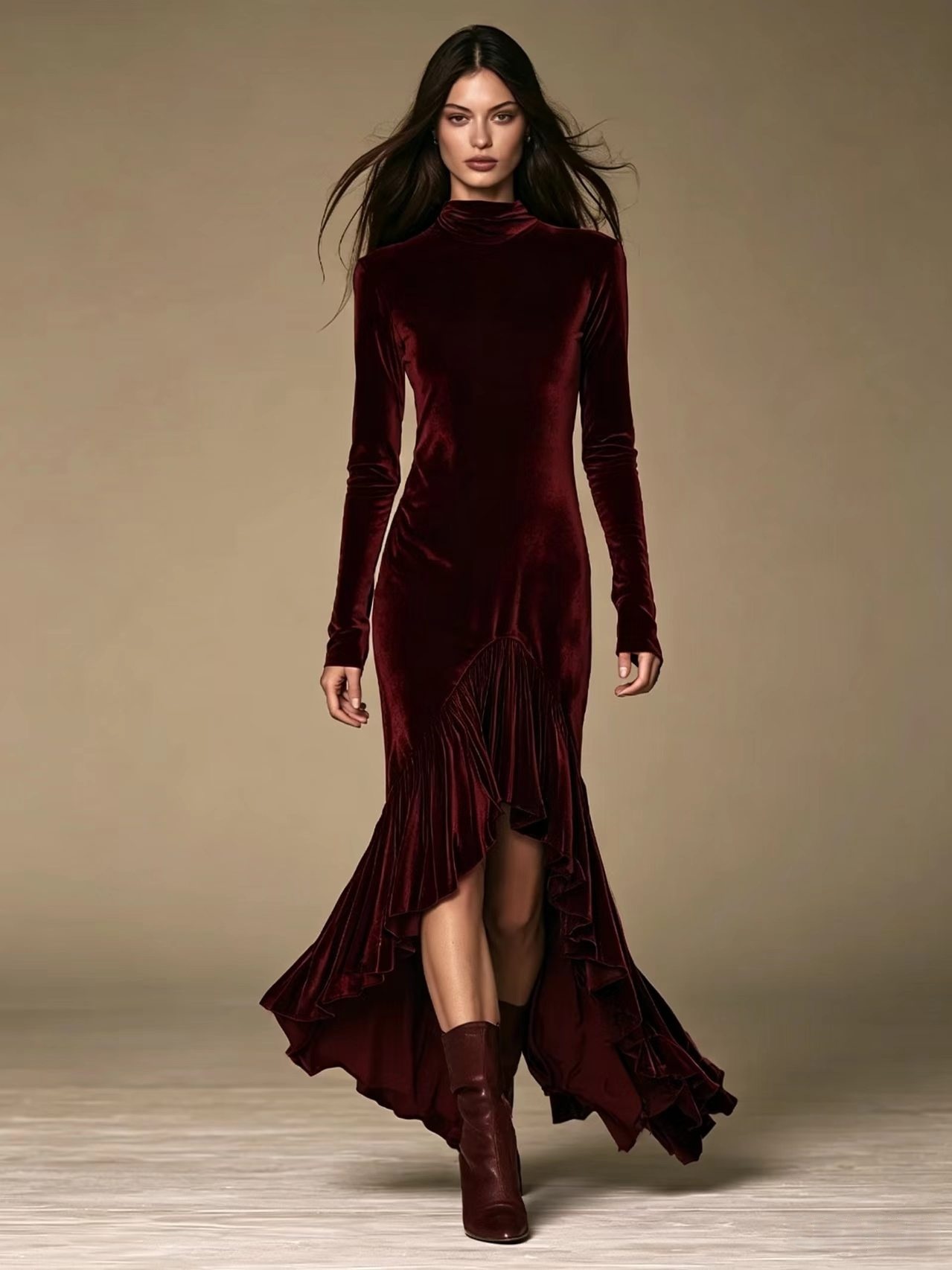 Velvet High Neck Ruched Mermaid Evening Dress with Ruffle Hem