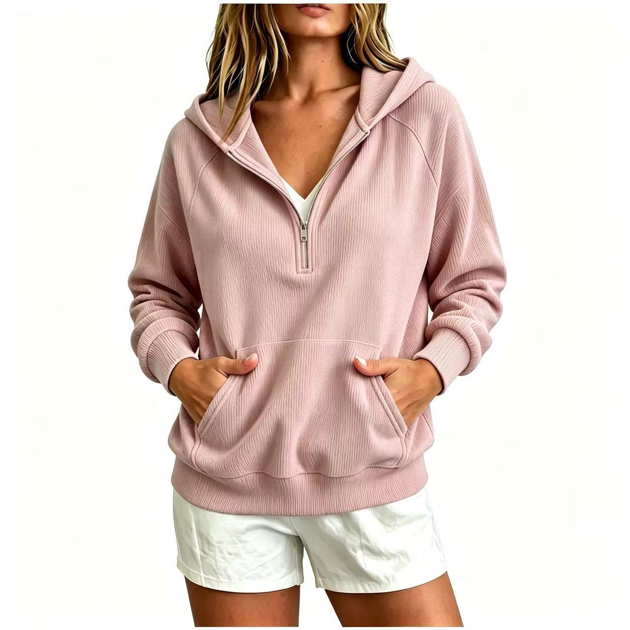 Corduroy Hooded Zip-Up Sweatshirt for Women