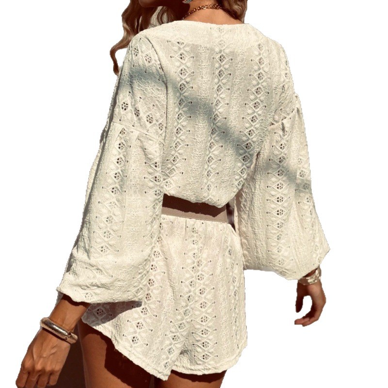 Women's Jacquard Long Sleeve Shirt and Shorts Set Casual Beach Vacation Two-Piece