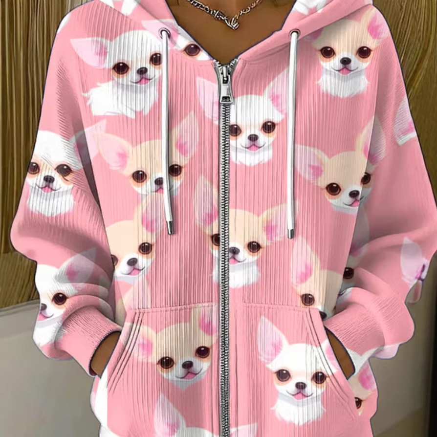 Women's Cute Puppy Print Hoodie Long Sleeve Zip-Up