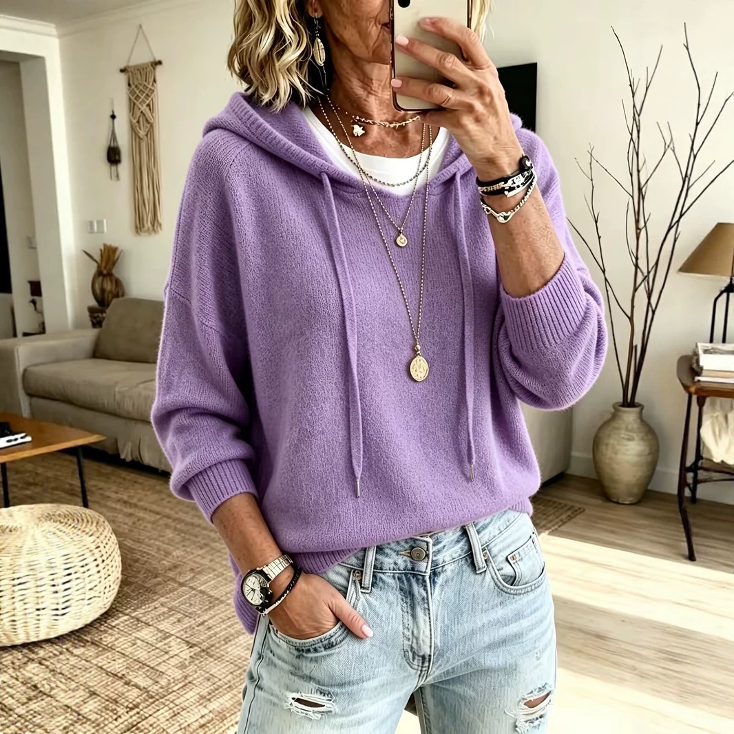 Women's Knit Hooded Drawstring Sweater Loose Pullover