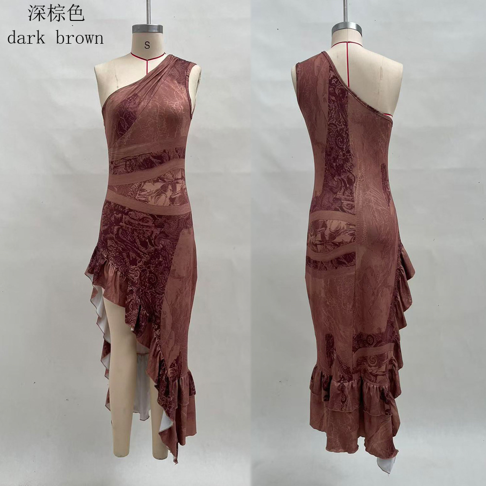 Retro Patchwork Print Asymmetric High Slit Bodycon Maxi Dress