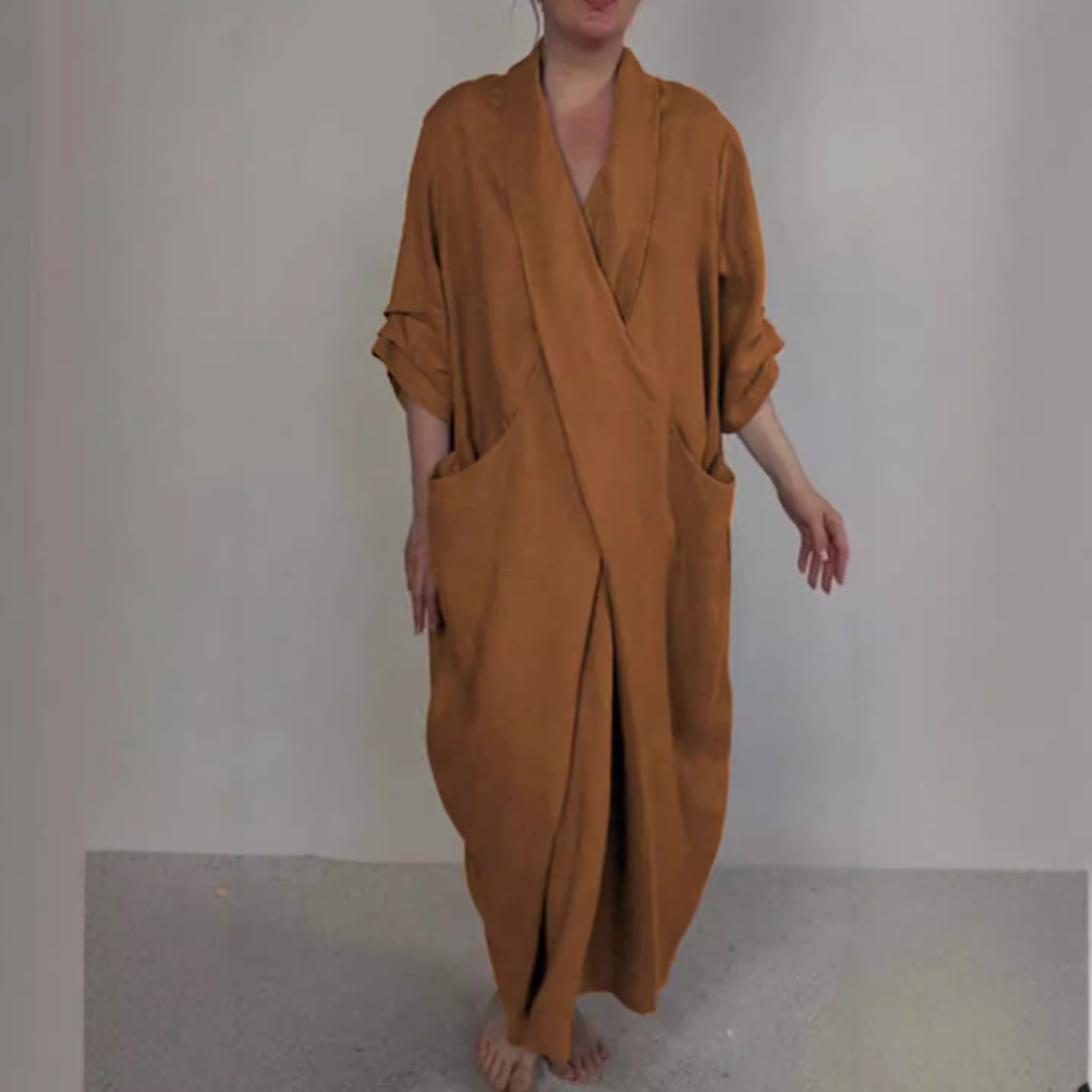 Women's V-Neck Split Hem Casual Dress Solid Color Loose Fit Long Dress