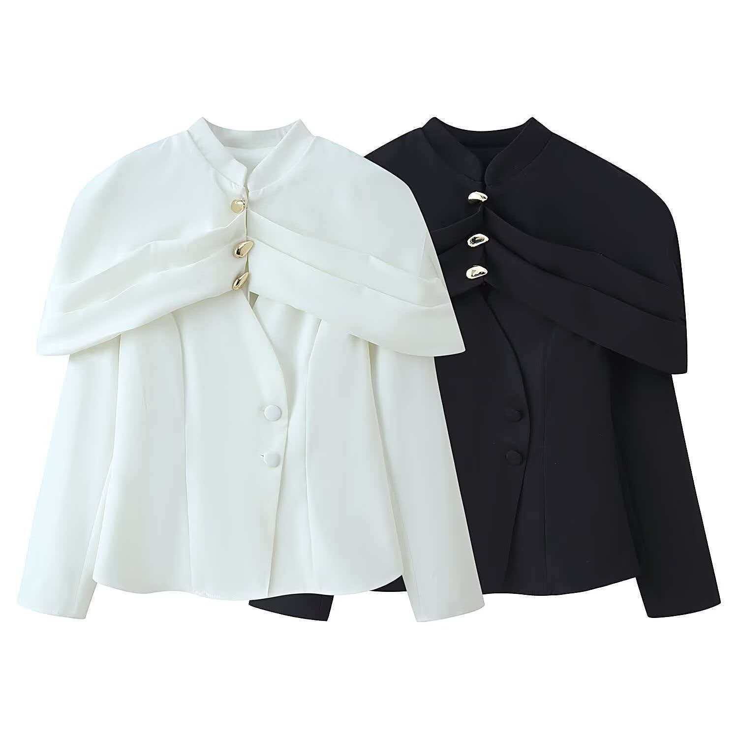 Women's Stand Collar Long Sleeve Faux Two-Piece Waist-Cinching Coat