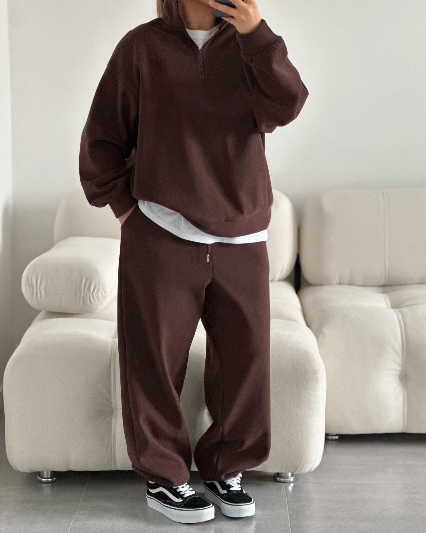 Oversize Half-Open Collar Long-Sleeve Hoodie & Drawstring Sweatpants Set