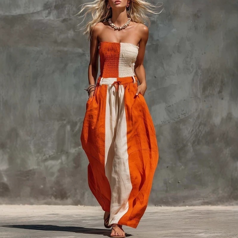Women's Color-Block Wide-Leg Jumpsuit, Loose Casual Sleeveless