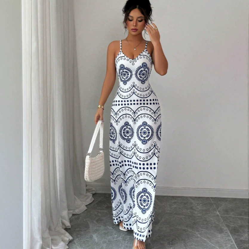Women's Sleeveless V-Neck Printed Maxi Dress Slim Fit Summer