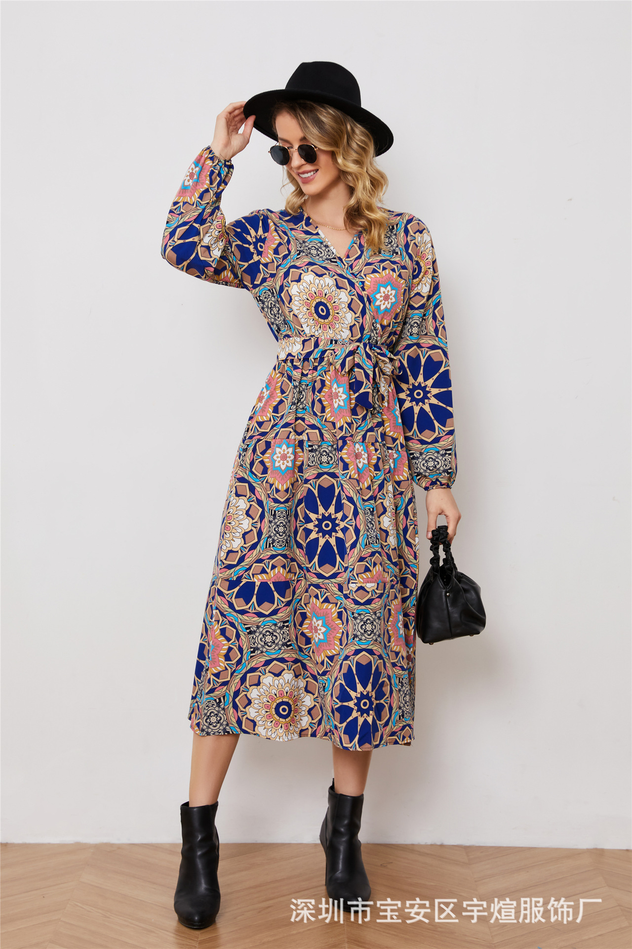 Floral Print Long Sleeve V-Neck A-Line Midi Dress with Belt