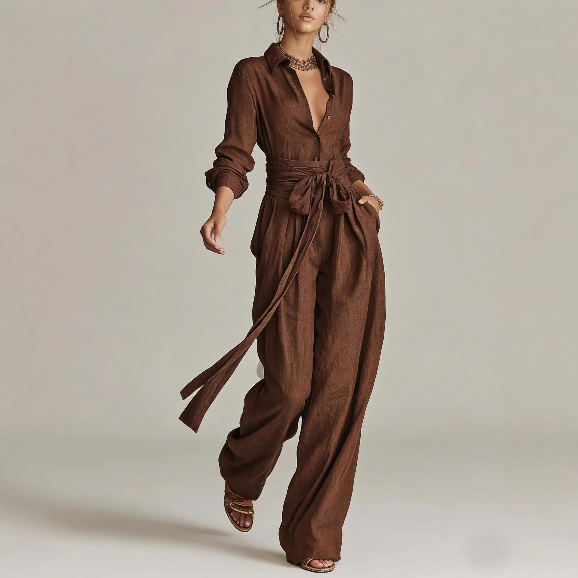 Solid High-Waist Short-Sleeve Shirt & Pants Casual Set