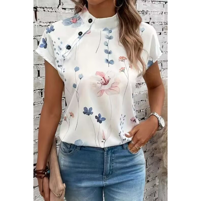 Summer Three-Button Stand-Collar Floral Shirt for Women