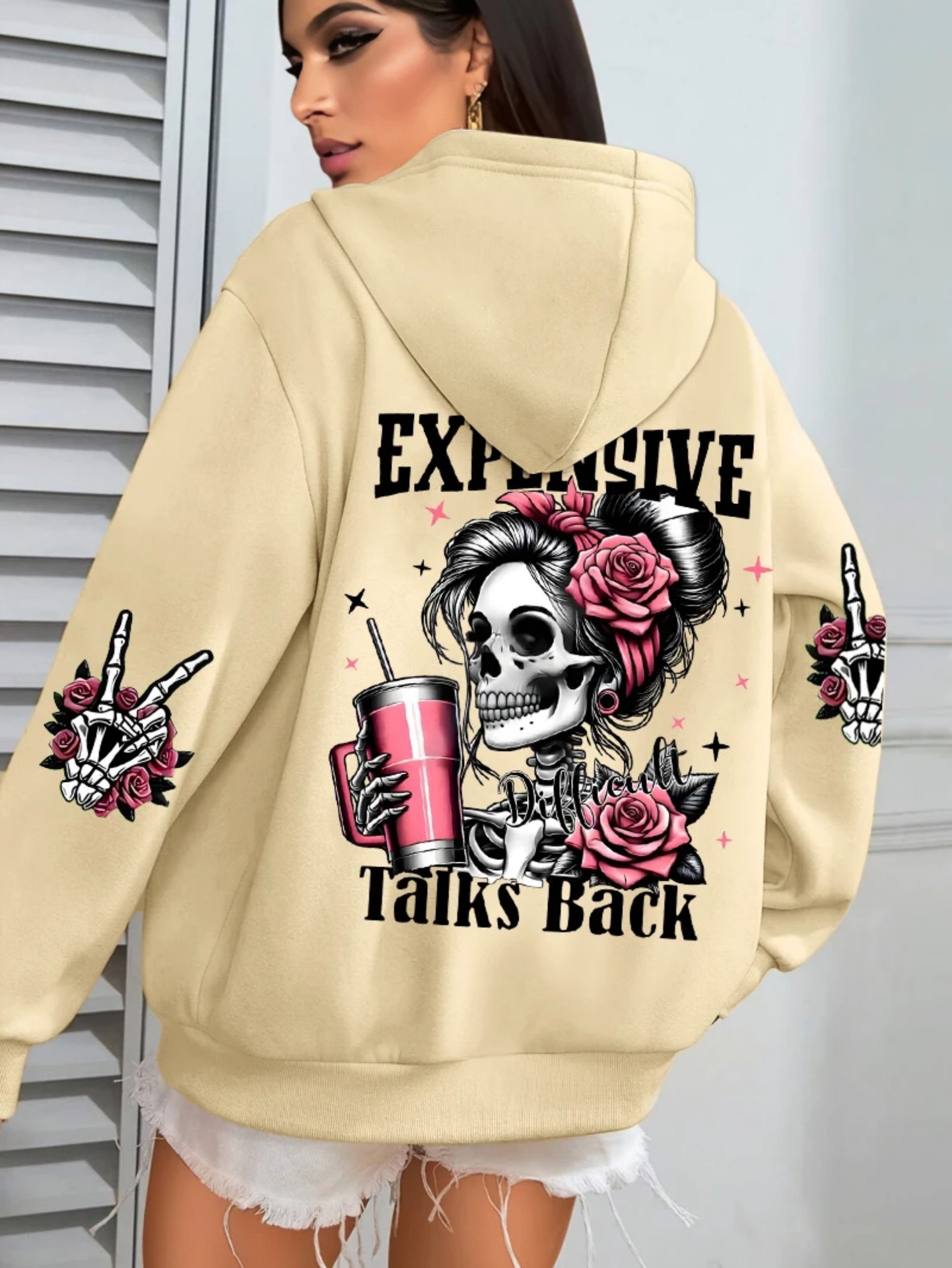 Women's Pink Skull Soda Print Hoodie