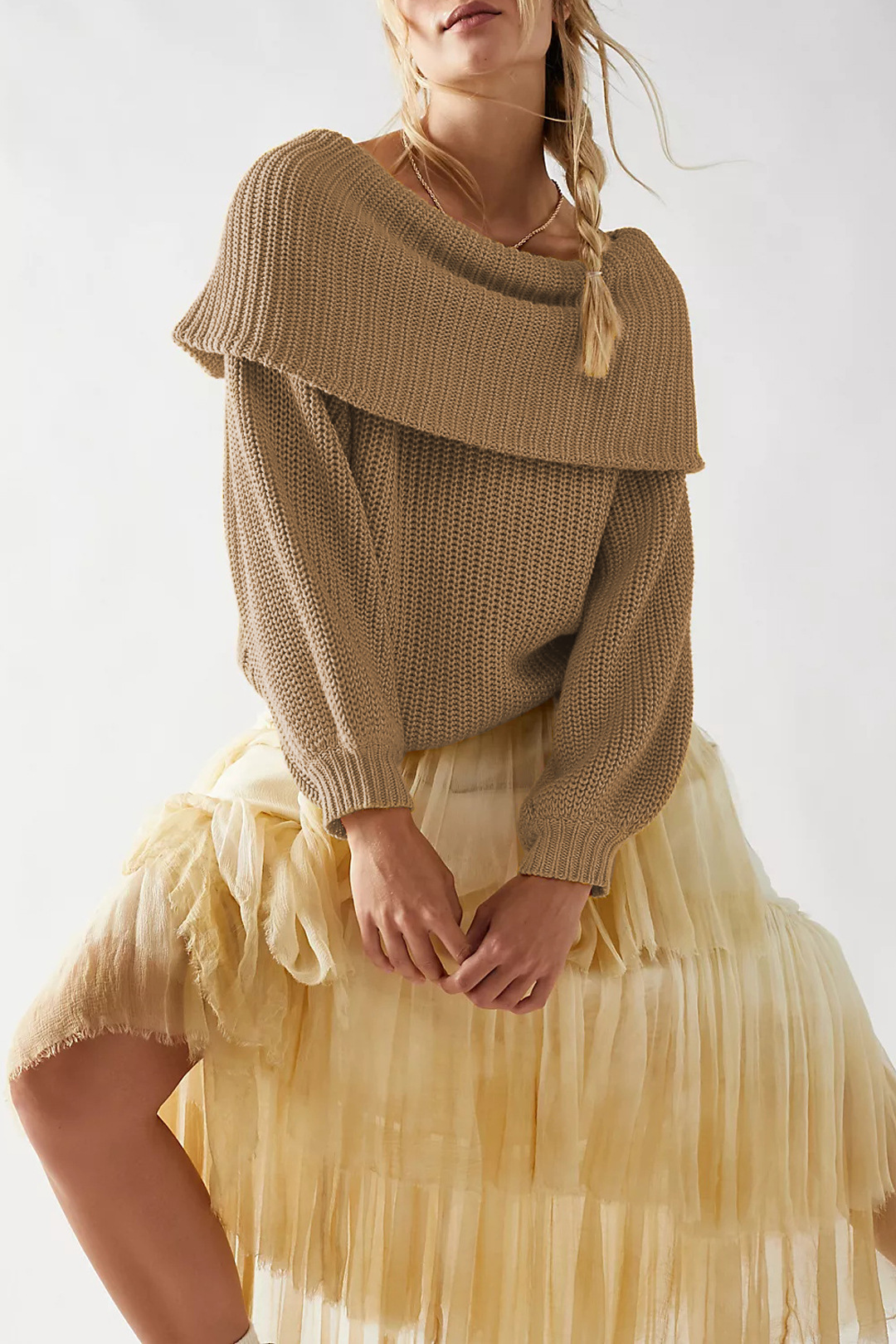 Women's Off-Shoulder Knit Sweater Loose Fit Long Sleeve Pullover