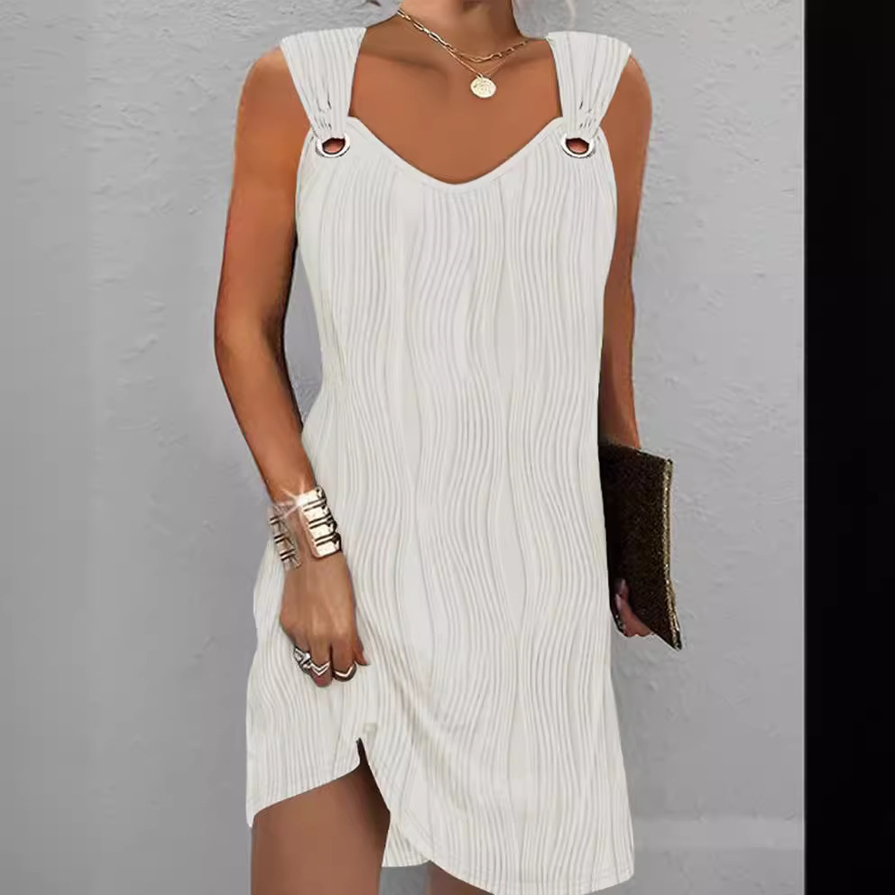 Women's Sleeveless V-Neck Midi Dress with Metal Button Detail