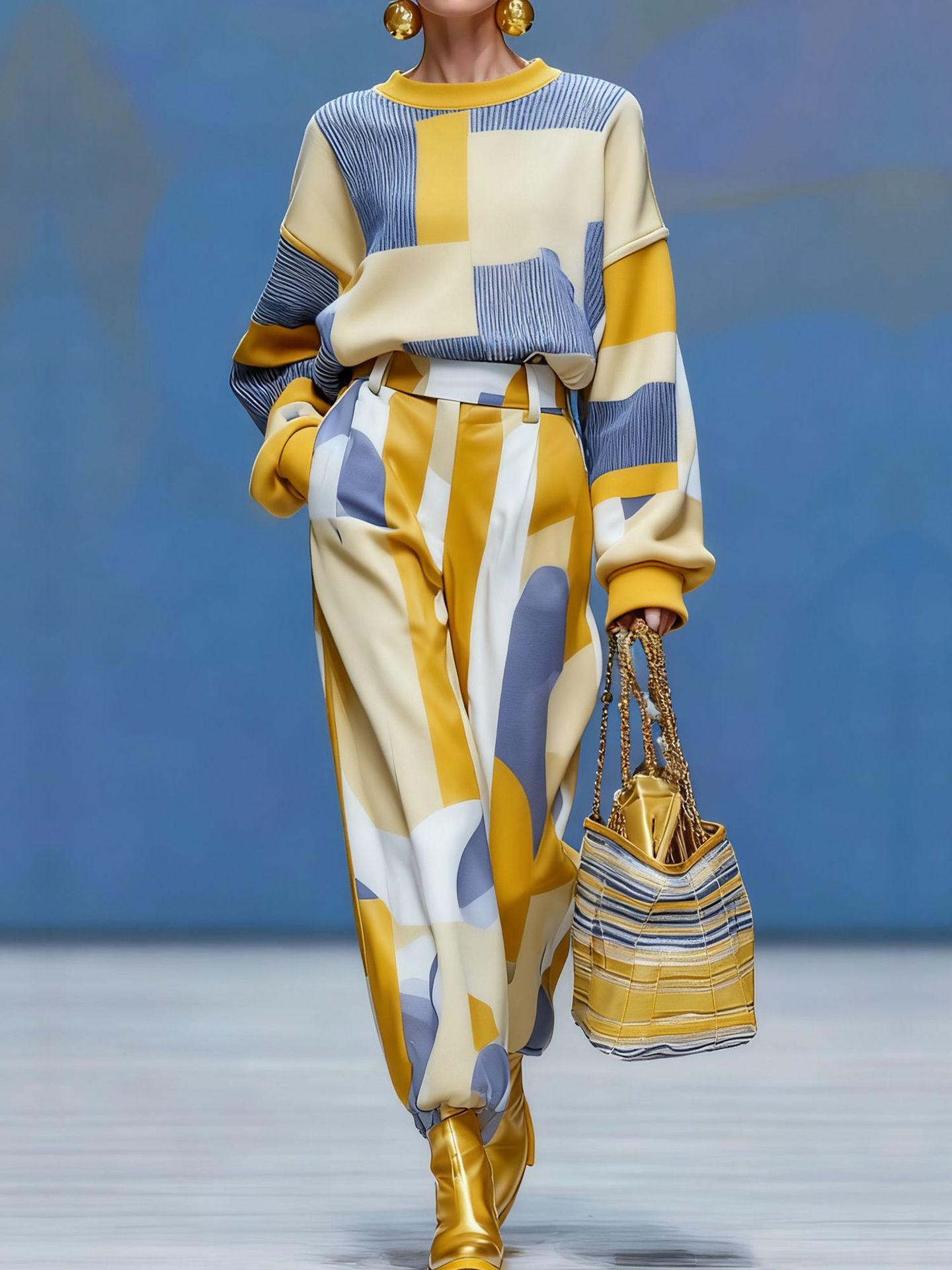 Color-Block Striped Knit Two-Piece Set with Wide-Leg Pants