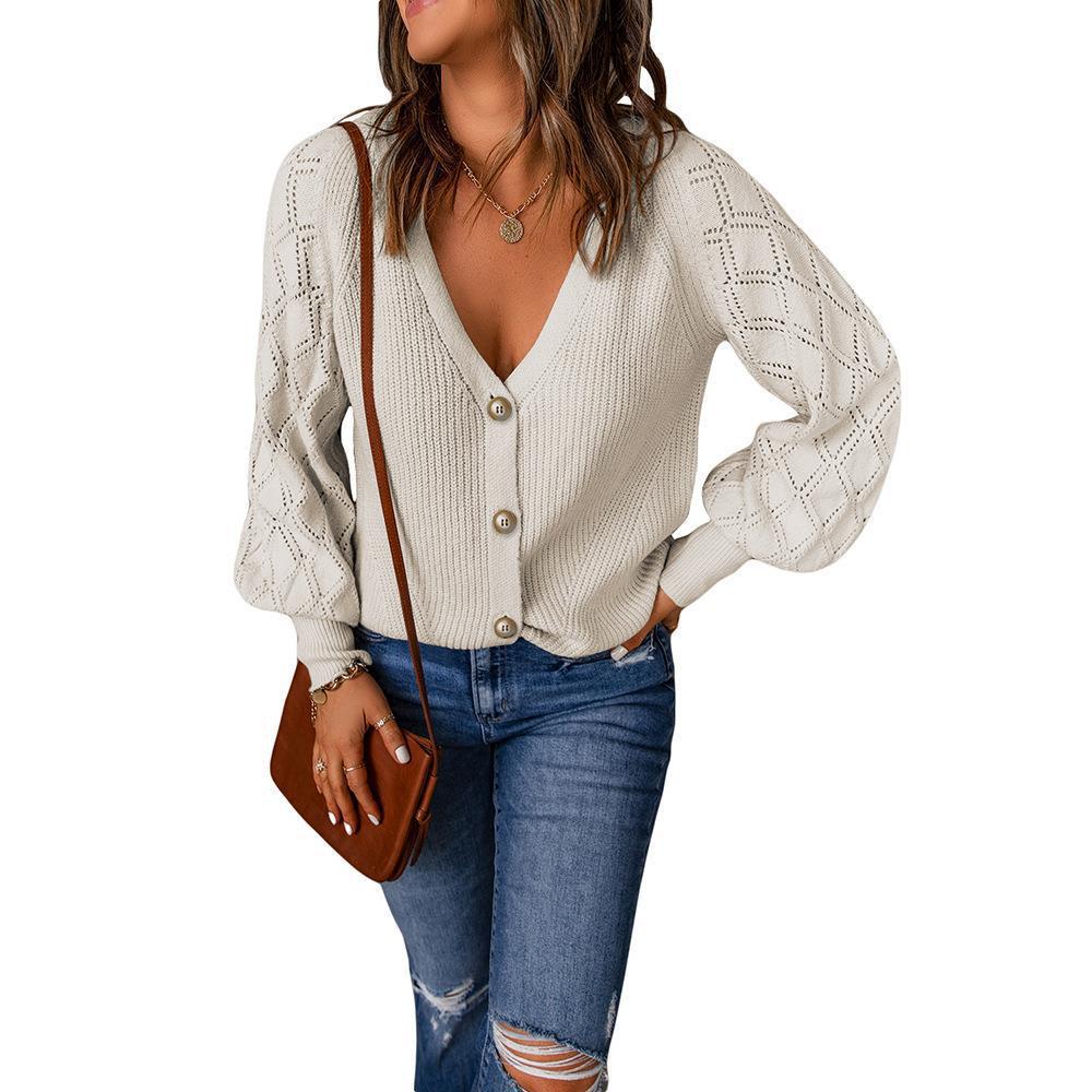 Women's Solid Quilted Puff Sleeve Knit Cardigan Loose Single-Breasted Open-Front Sweater