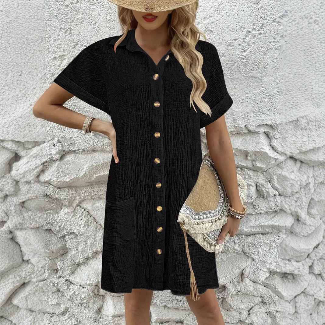 Women's Solid Color Button-Front Collared Shirt Dress Casual Short Sleeve