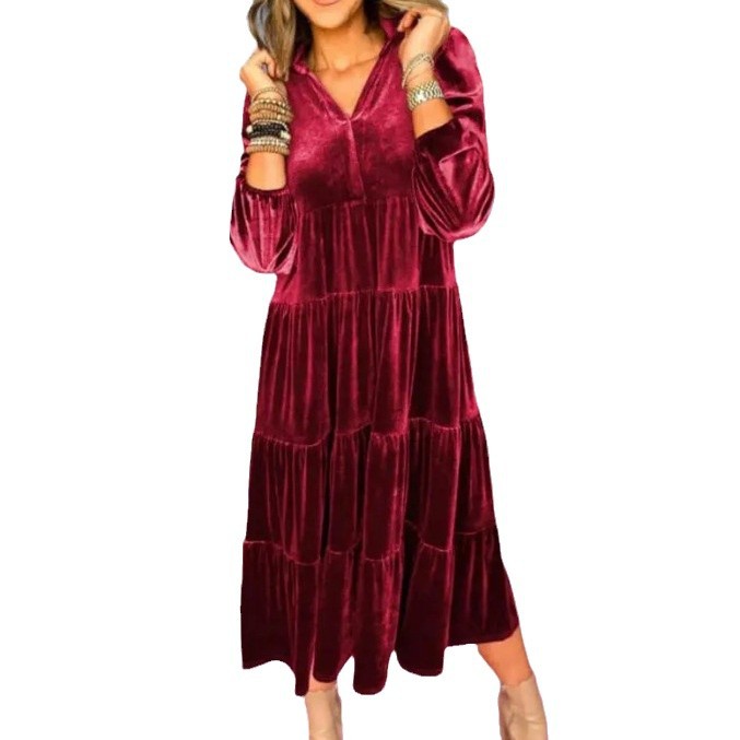 V-Neck Velvet Tiered Ruffle Maxi Dress