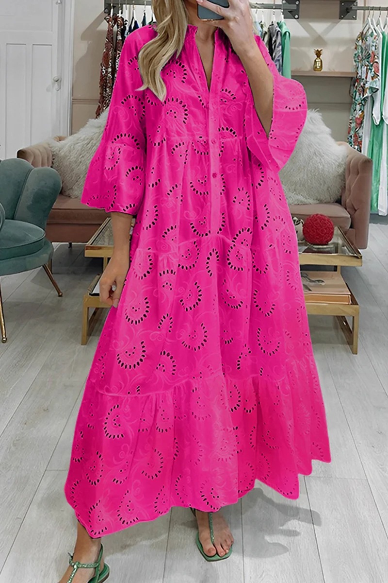 V-Neck Bell Sleeve Lace Hollow Out Solid Long Dress